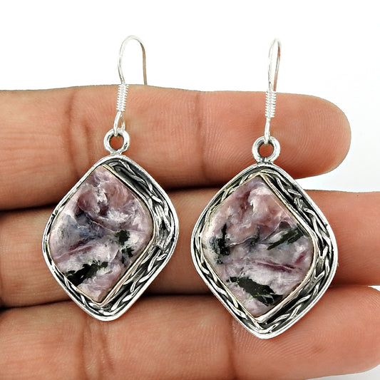 Natural Charoite Gemstone Drop/Dangle Ethnic Earrings 925 Silver For Women E11