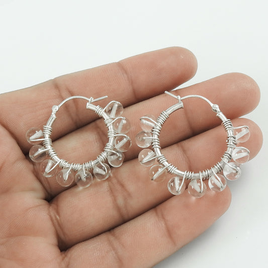 Natural Crystal Gemstone 925 Sterling Silver Hoop Boho Earrings For Women E13