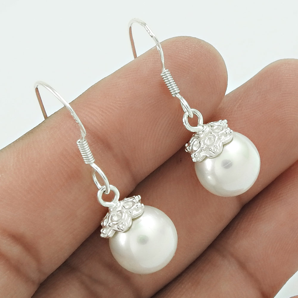 Natural Pearl Gemstone Drop/Dangle Vintage White Earrings 925 Silver G13