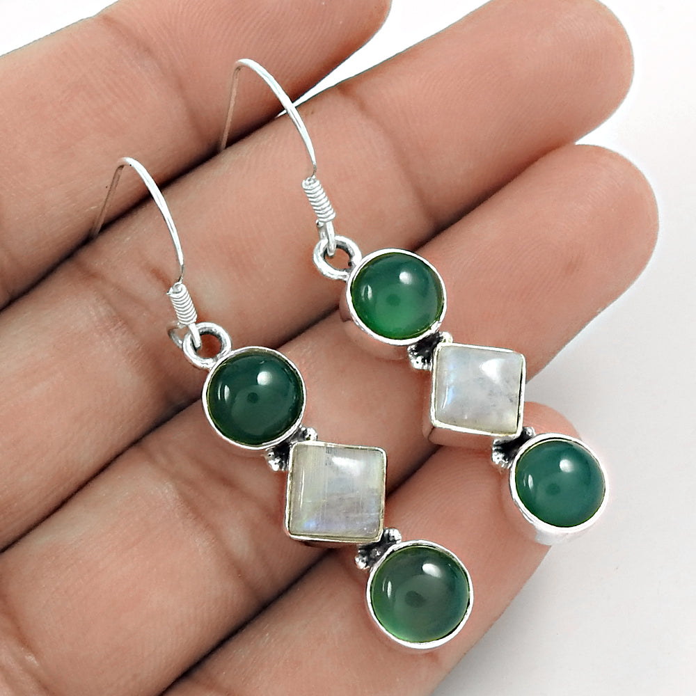 Natural Green Onyx 925 Silver Drop/Dangle Vintage Earrings For Women Y37