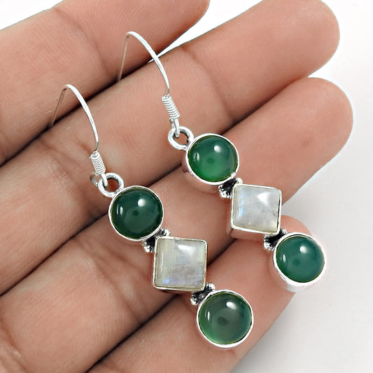 Natural Green Onyx 925 Silver Drop/Dangle Vintage Earrings For Women Y37