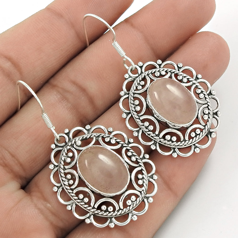 Natural Rose Quartz Gemstone Artisan Mothers Day Gift Earrings 925 Silver Q1