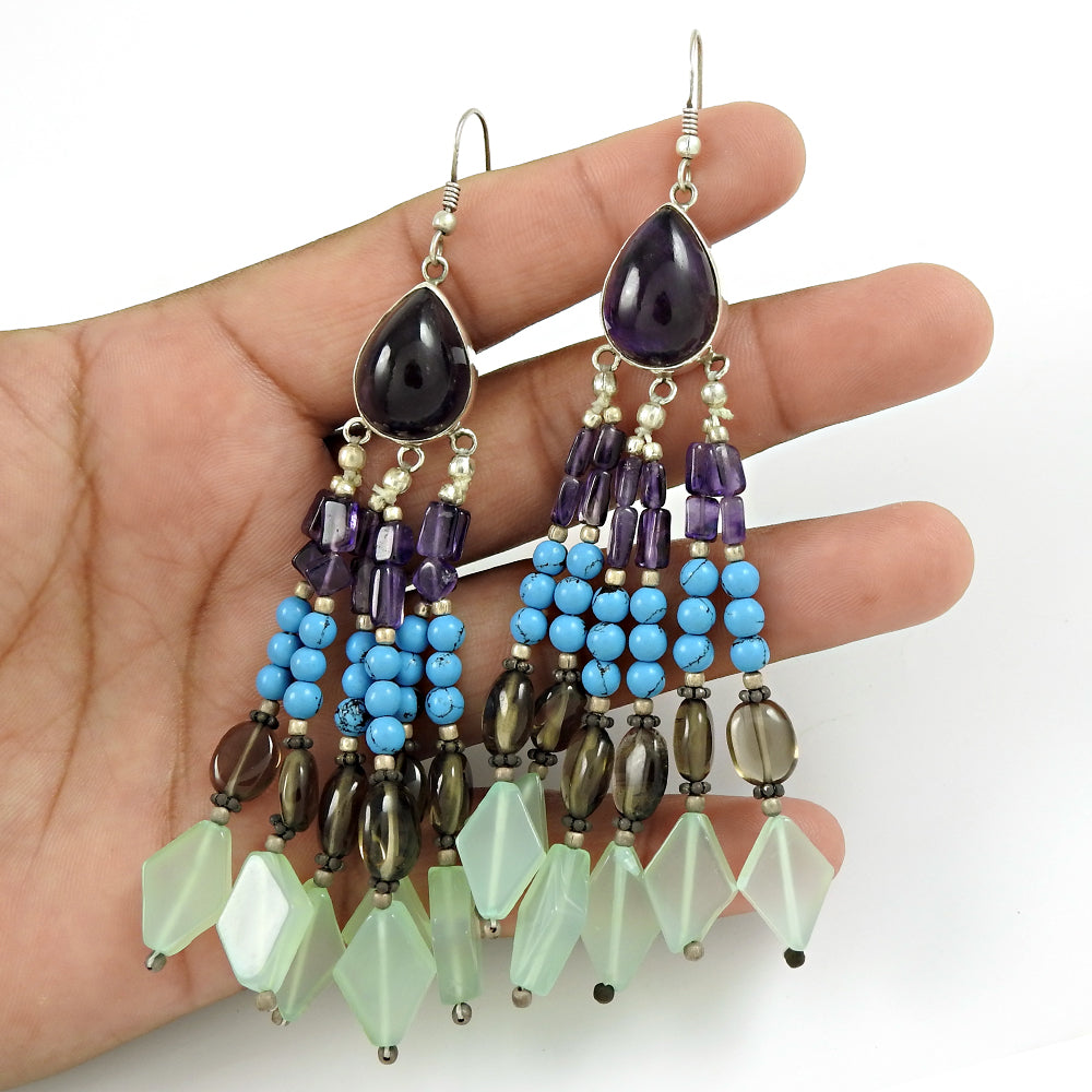 Natural Amethyst Gemstone 925 Silver Drop/Dangle Tribal Earrings For Girls N1