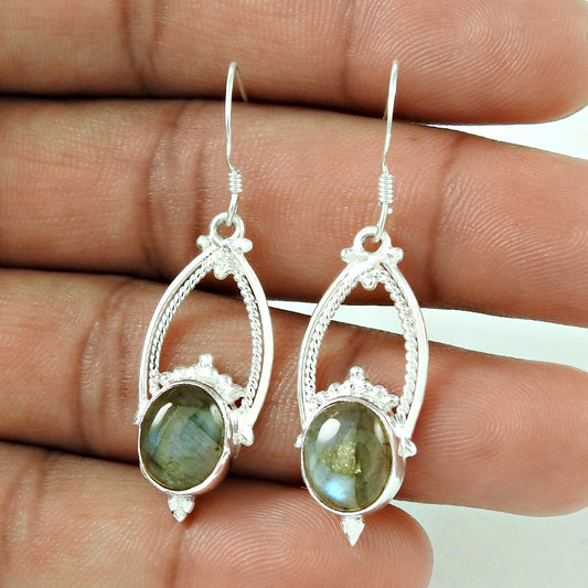 101 Sterling Silver Oval Labradorite Gemstone Bezel Hook Dangle Tribal Wife Earrings