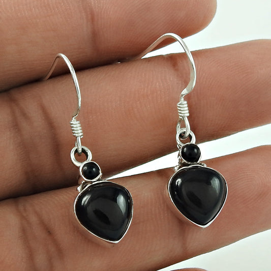 101 Natural Black Onyx Gemstone Drop Dangle Bohemian Earrings 925 Sterling Silver U97