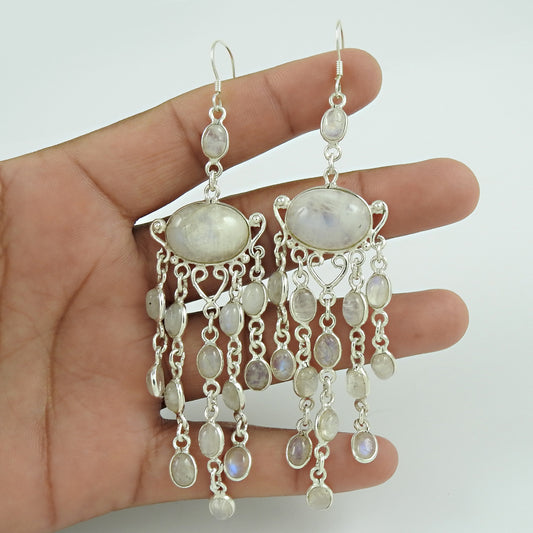 Mothers Day Gift Natural Rainbow Moonstone Earrings 925 Sterling Silver B4