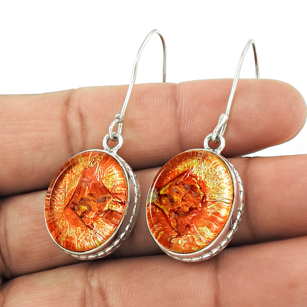 Natural Dico Glass Gemstone Drop/Dangle Boho Orange Earrings 925 Silver Z13