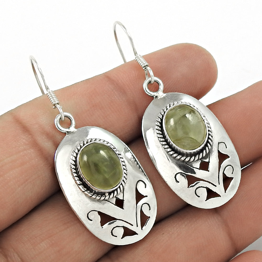 Gift For Her Natural Prehnite Drop/Dangle Bohemian Earrings 925 Silver A14