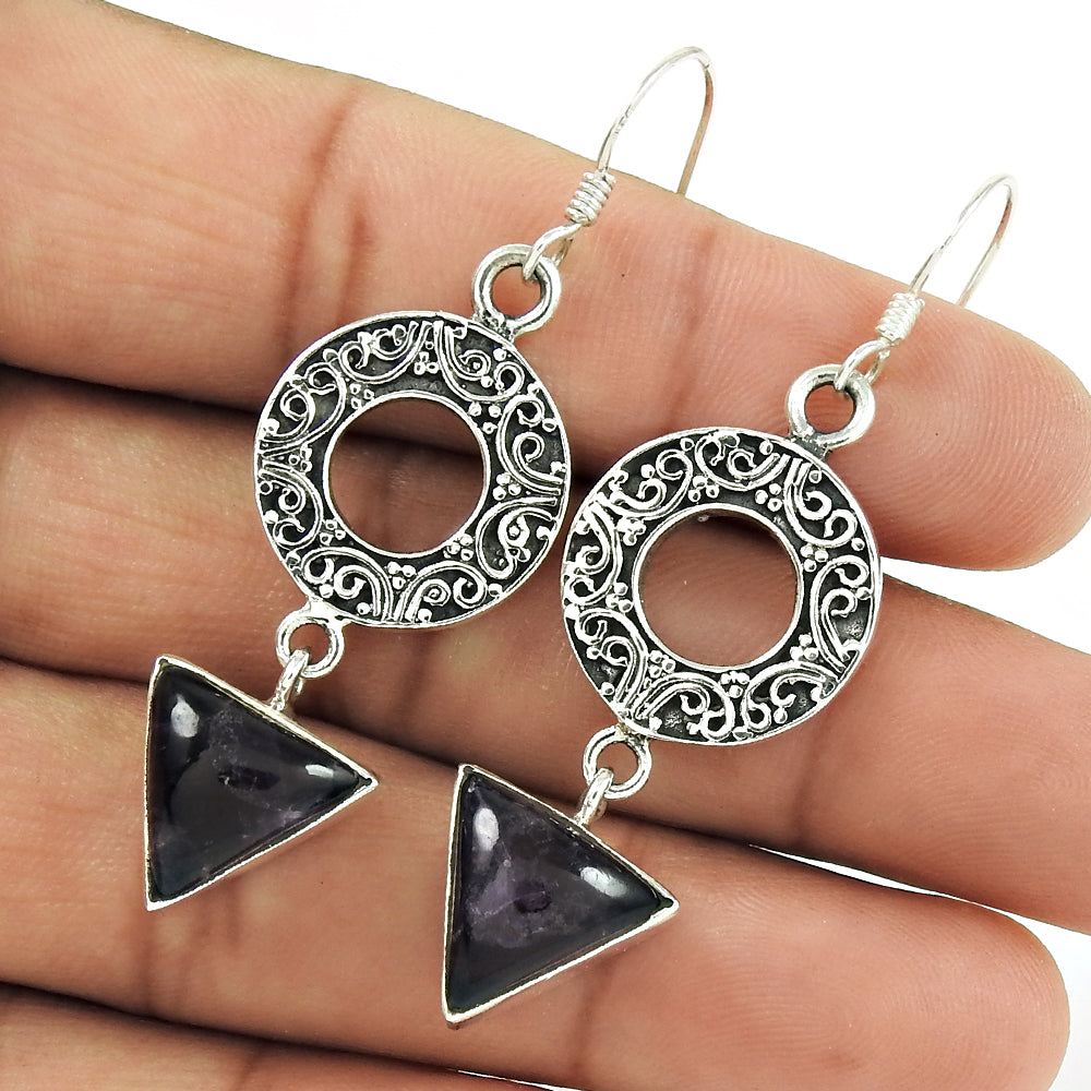 Natural Amethyst Gemstone Drop/Dangle Boho Earrings 925 Silver For Women C14