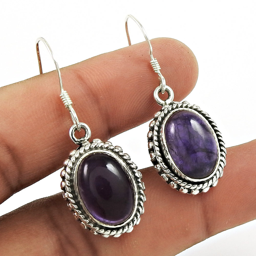 Natural Amethyst Gemstone Drop/Dangle Bohemian Earrings 925 Sterling Silver F14