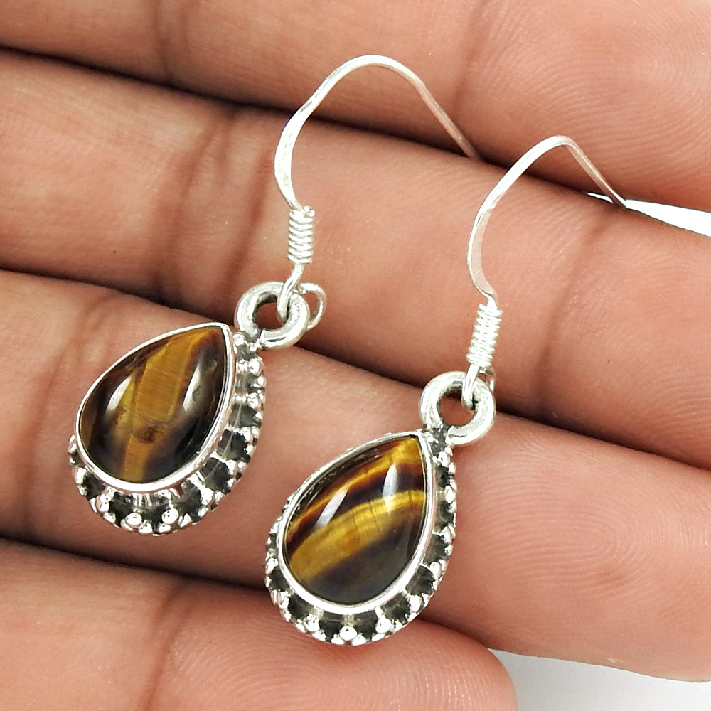 Gift For Her Natural Tiger'S Eye Drop/Dangle Boho Earrings 925 Silver H14