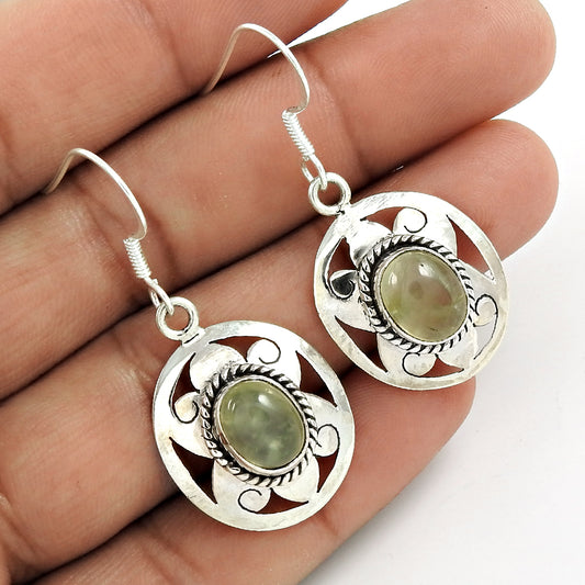 Natural Prehnite Drop/Dangle Bohemian Light Green Earrings 925 Silver I14