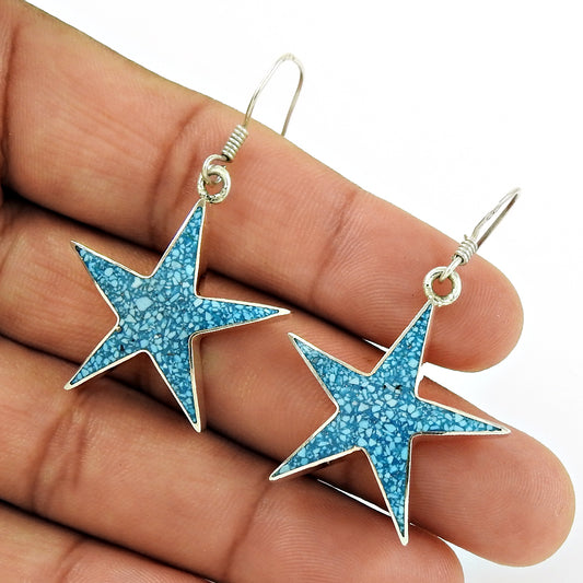 Blue Inlay Star Earrings 925 Solid Sterling Silver Jewelry D4