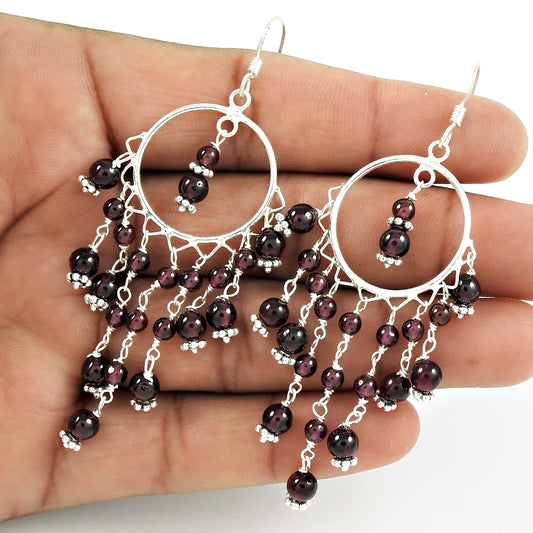 Gift For Her 925 Silver Natural Garnet Gemstone Drop/Dangle Ethnic Earrings N14