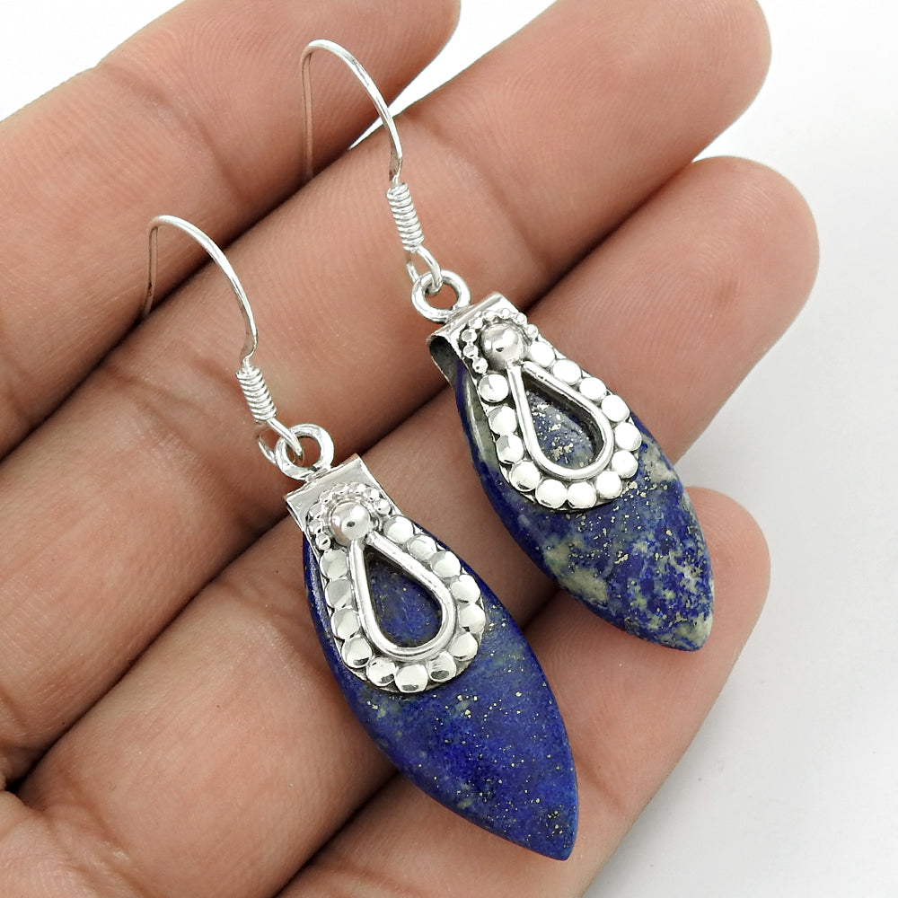 Natural Lapis Lazuli Drop/Dangle Bohemian Earrings 925 Silver For Women T14