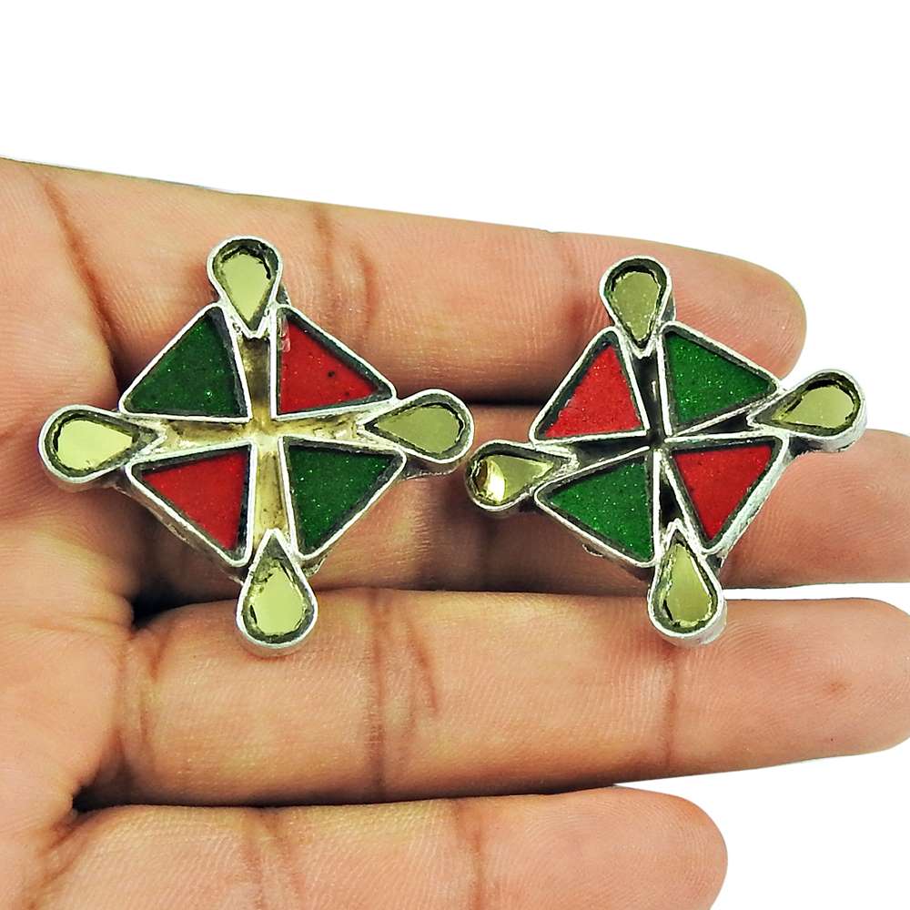 Indian Sterling Silver Jewellery High Polish Inlay Drop Earrings