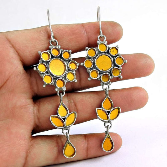 Ethnic 925 Sterling Silver Antique Glass Earrings