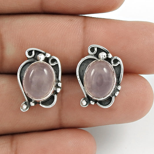 Wedding Gift For Her 925 Silver Natural Rose Quartz Stud Ethnic Earrings Z14