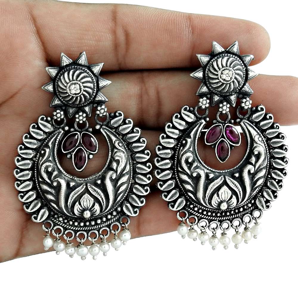 Rattling 925 Oxidized Sterling Silver Pearl Ruby Gemstone Earring Jewelry