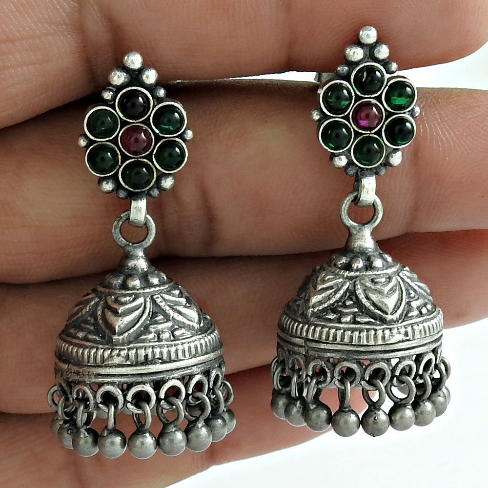 101 Solid 925 Silver Jhumki Natural Green Onyx Ruby Earrings Gift For Her