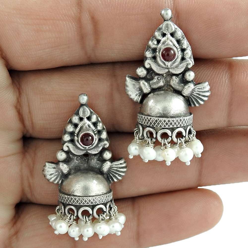 Rattling Garnet Pearl Gemstone 925 Sterling Silver Jhumki Jewelry