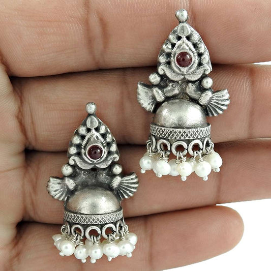 Rattling Garnet Pearl Gemstone 925 Sterling Silver Jhumki Jewelry