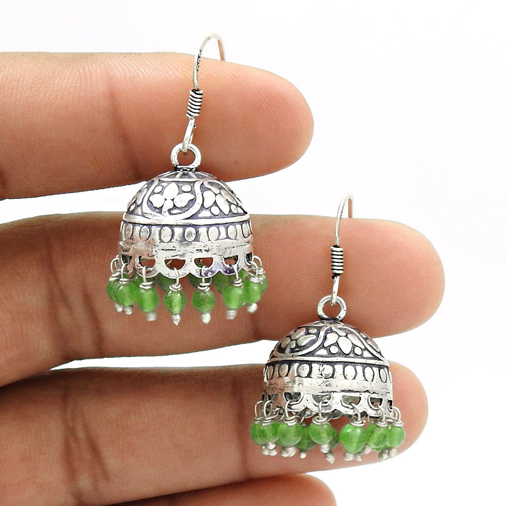 101 Woman Gift Jhumki Natural Green Jade 925 Silver Earrings Indian Jewelry