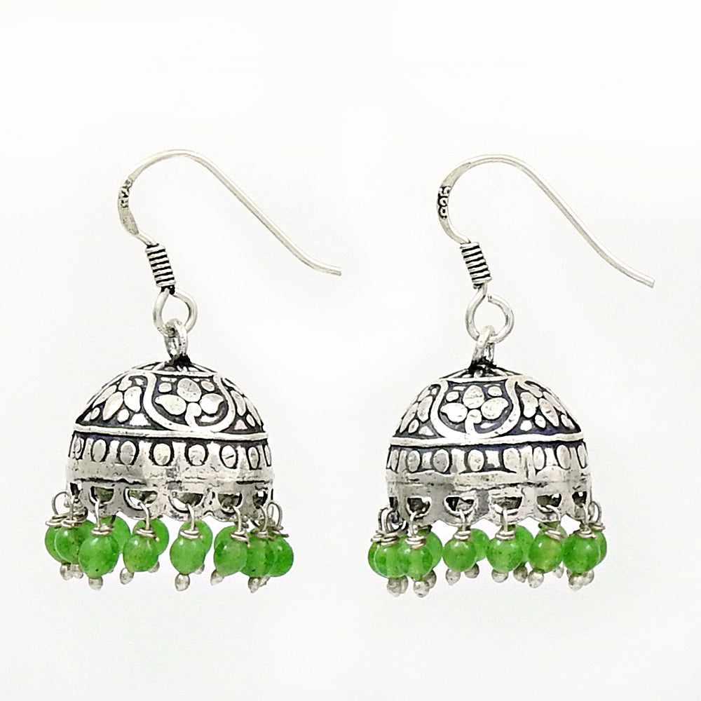101 Woman Gift Jhumki Natural Green Jade 925 Silver Earrings Indian Jewelry