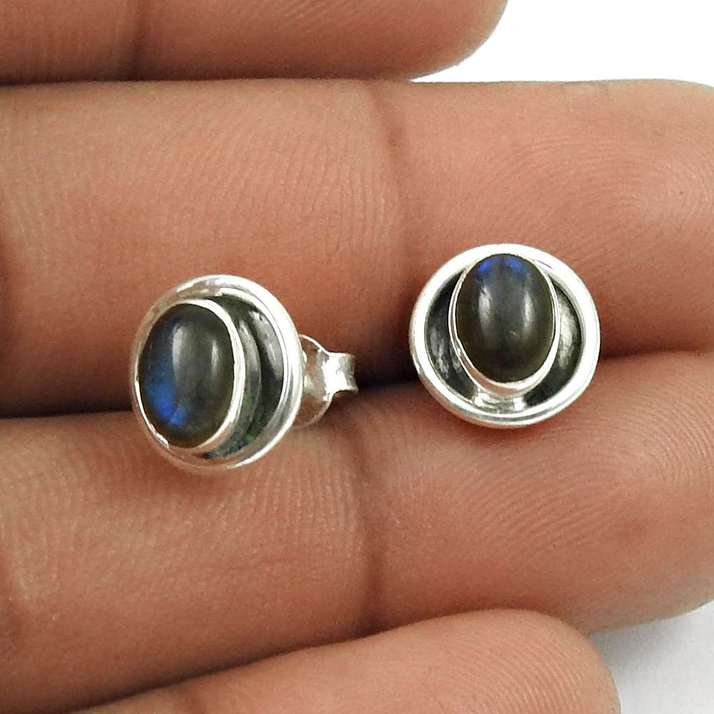 Natural LABRADORITE Gemstone Stud Earring 925 Silver HANDMADE Fine Jewelry AI8