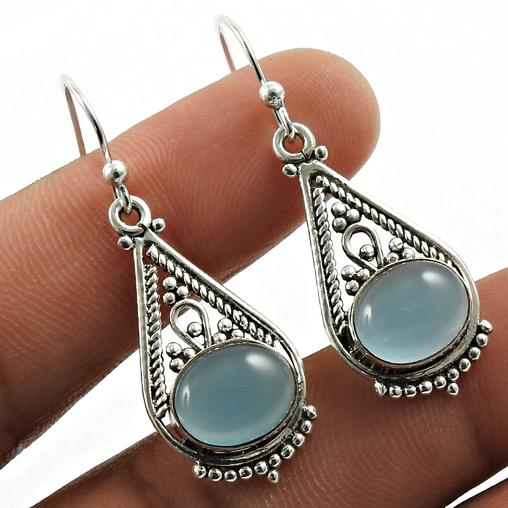 101 Woman Gift 925 Silver Natural Chalcedony Drop Dangle Tribal Earrings J6