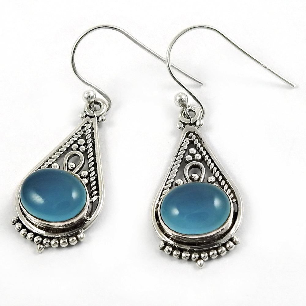 101 Woman Gift 925 Silver Natural Chalcedony Drop Dangle Tribal Earrings J6