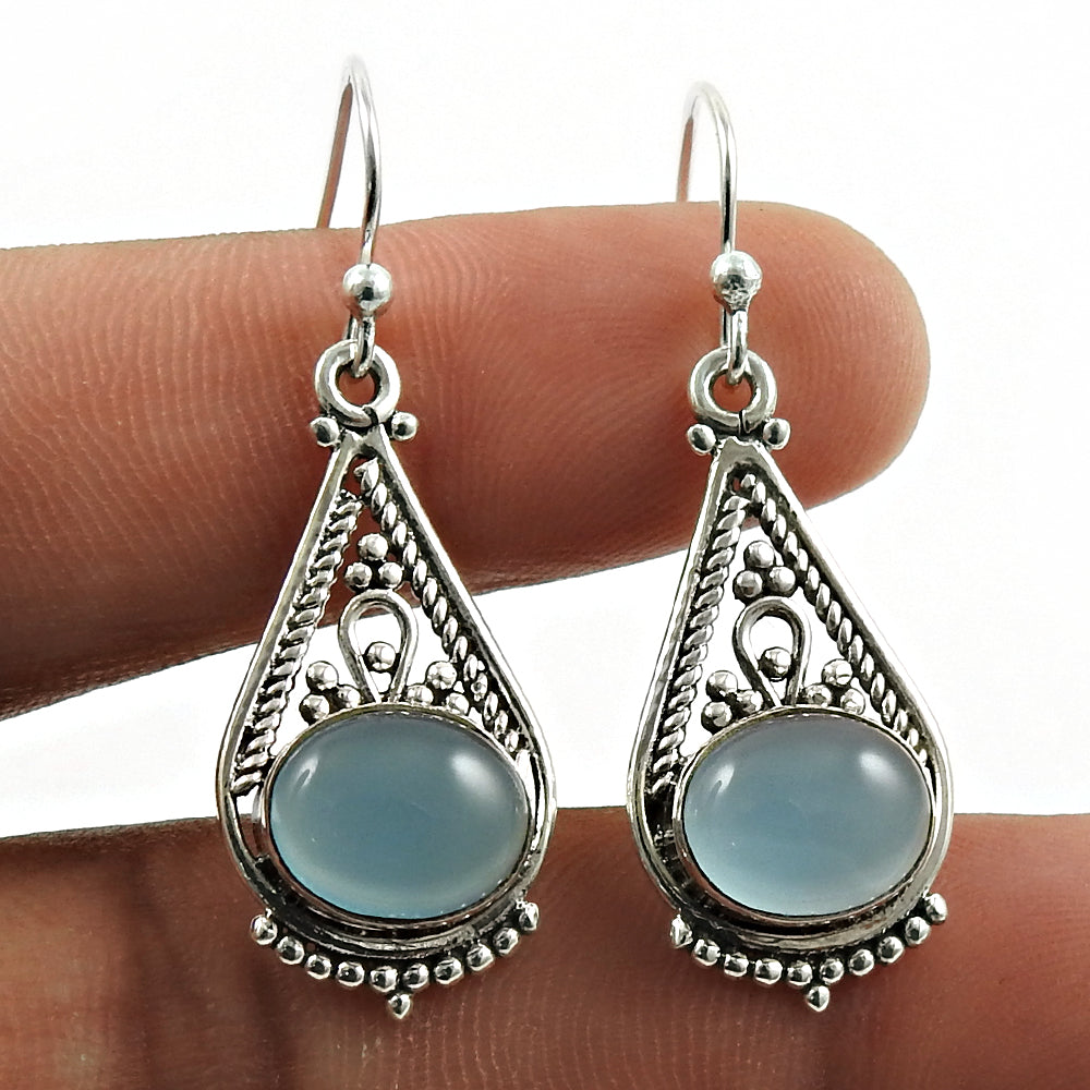 101 Woman Gift 925 Silver Natural Chalcedony Drop Dangle Tribal Earrings J6