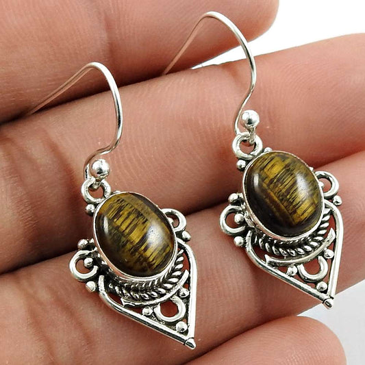 Tiger Eye Gemstone Earring 925 Sterling Silver Vintage Jewelry O7