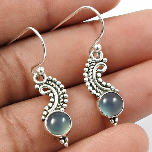 101 Woman Gift Natural Chalcedony Drop Dangle Vintage Earrings 925 Silver H53