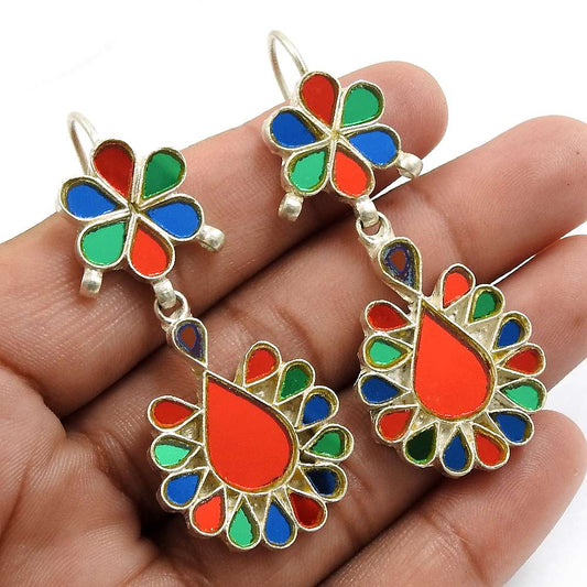 Multi Color Glass Earring 925 Sterling Silver Vintage Look Jewelry J15