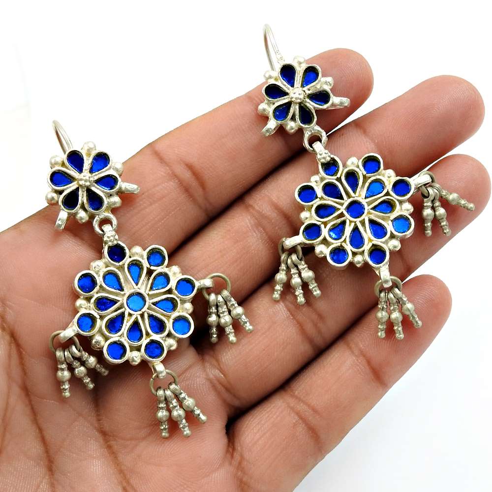 Blue Glass Earring 925 Sterling Silver Vintage Jewelry A16