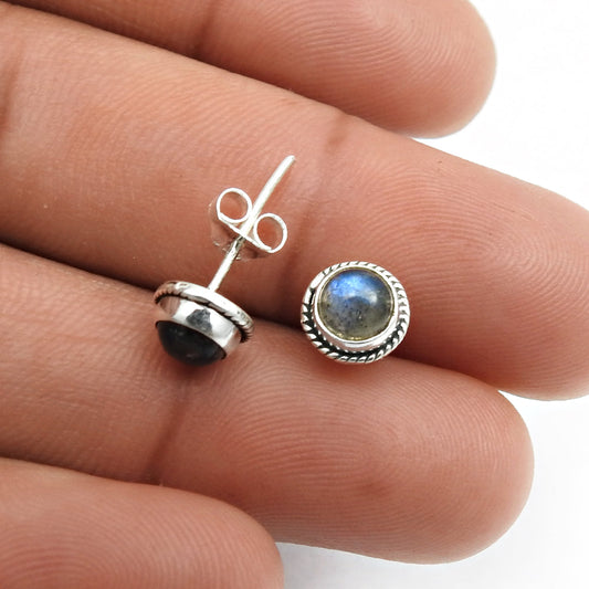 Third Eye Chakra Labradorite Gemstone 925 Solid Silver Bezel Stud Wife Earrings