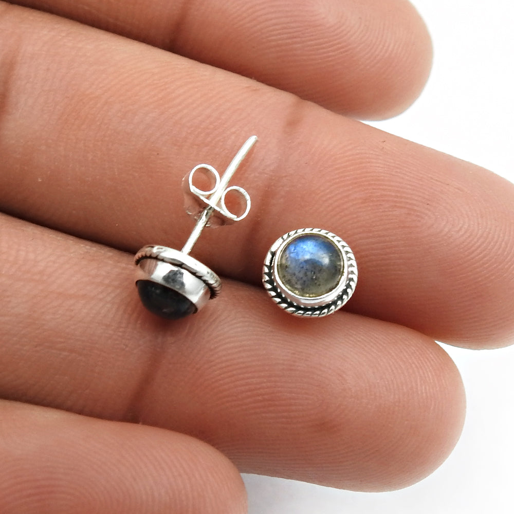 101 Third Eye Chakra Labradorite Gemstone 925 Solid Silver Bezel Stud Wife Earrings