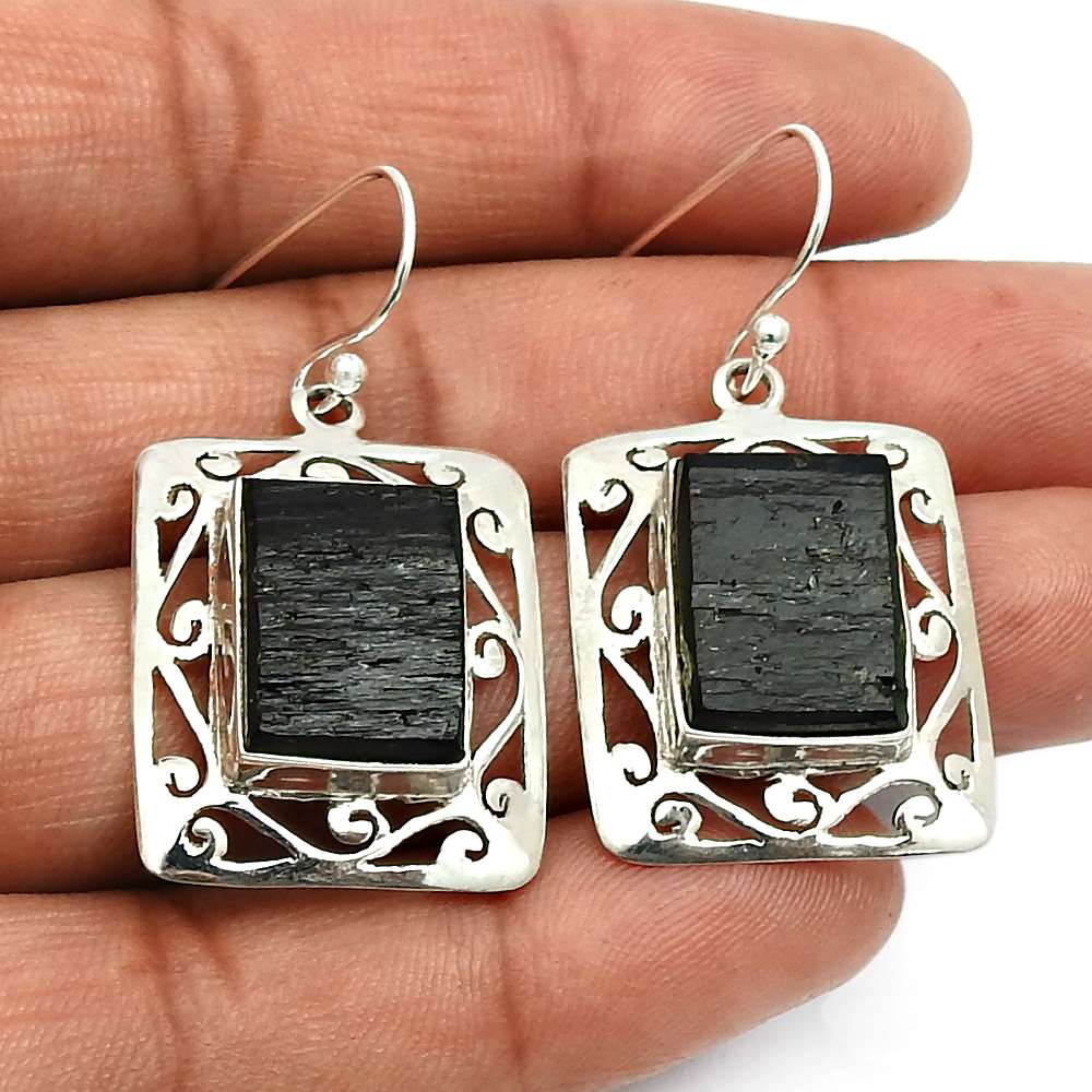 925 Sterling Silver Jewelry Rau Black Tourmaline Artisan Earrings Z5