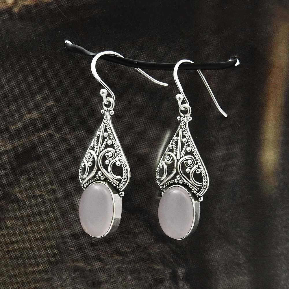 925 Sterling Silver Handmade Jewelry Rose Quartz Gemstone Earrings D3