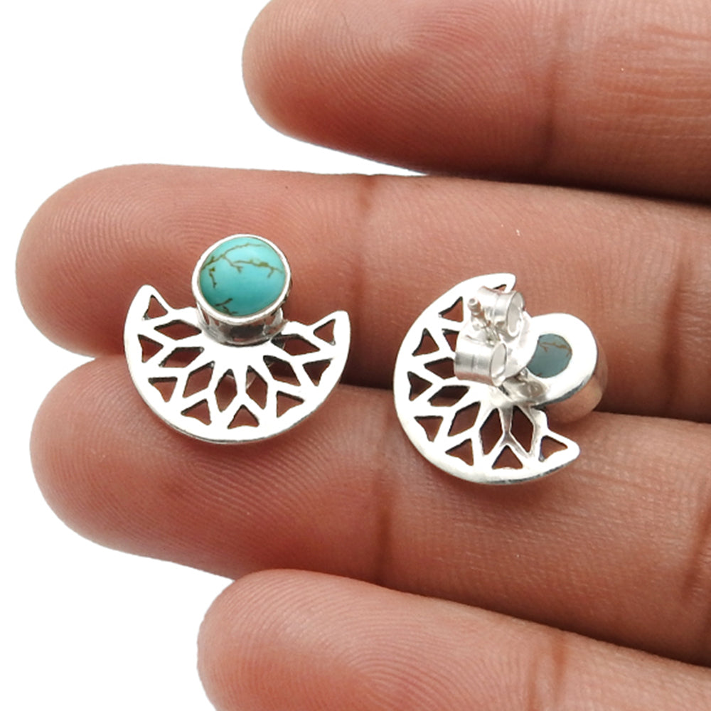 Round Turquoise Stone Solid Sterling Silver Mother Butterfly Stud Post Earrings