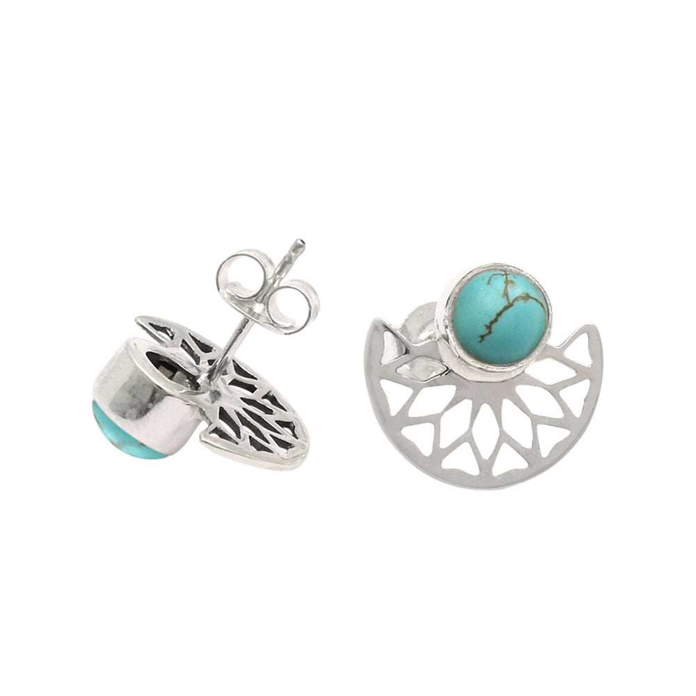 101 Round Turquoise Stone Solid Sterling Silver Mother Butterfly Stud Post Earrings