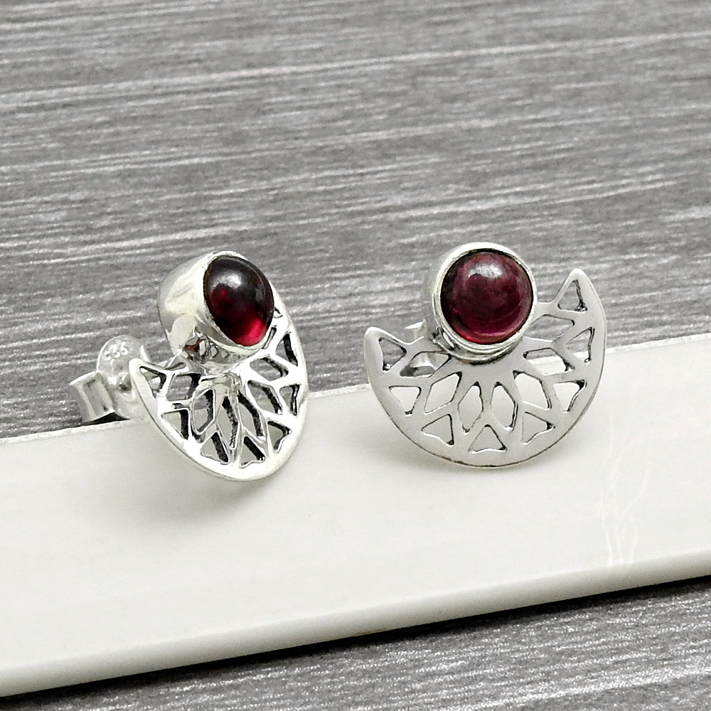 Round Root Chakra Garnet Gemstone 925 Solid Silver Bezel Stud Birthday Earrings