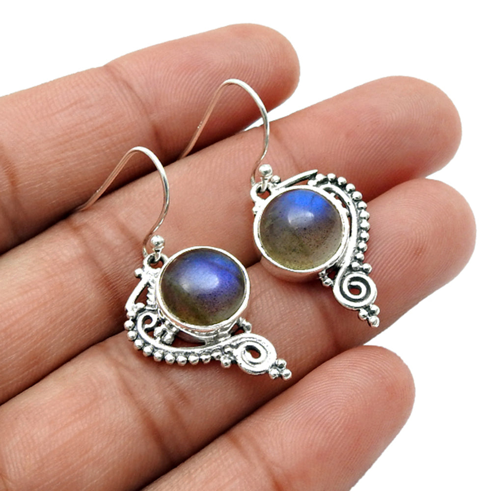 Natural Labradorite Solid Sterling Silver Bezel Drop Dangle Earrings Jewelry