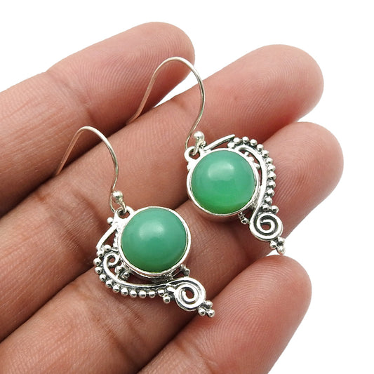 Heart Chakra Natural Chrysoprase Dangle Bezel Boho Earrings Jewelry Solid Silver