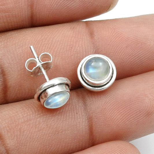 Round Rainbow Moonstone Gemstone Stud Post Crown Chakra Earrings Sterling Silver