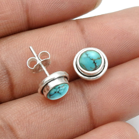 Turquoise Stone Mother Stud Post Bezel Handcrafted New Earrings 925 Solid Silver