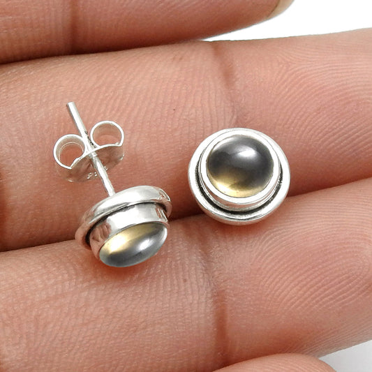 Smoky Quartz Gemstone Stud Post Bezel Root Chakra Boho Earrings Sterling Silver