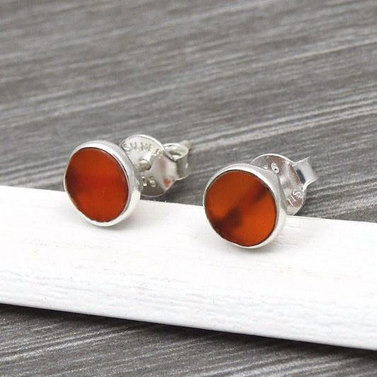 101 6mm Round Carnelian Gemstone 925 Solid Silver Bezel Stud Earrings