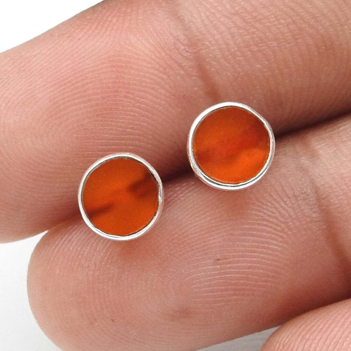 6mm Round Carnelian Gemstone 925 Solid Silver Bezel Stud Earrings